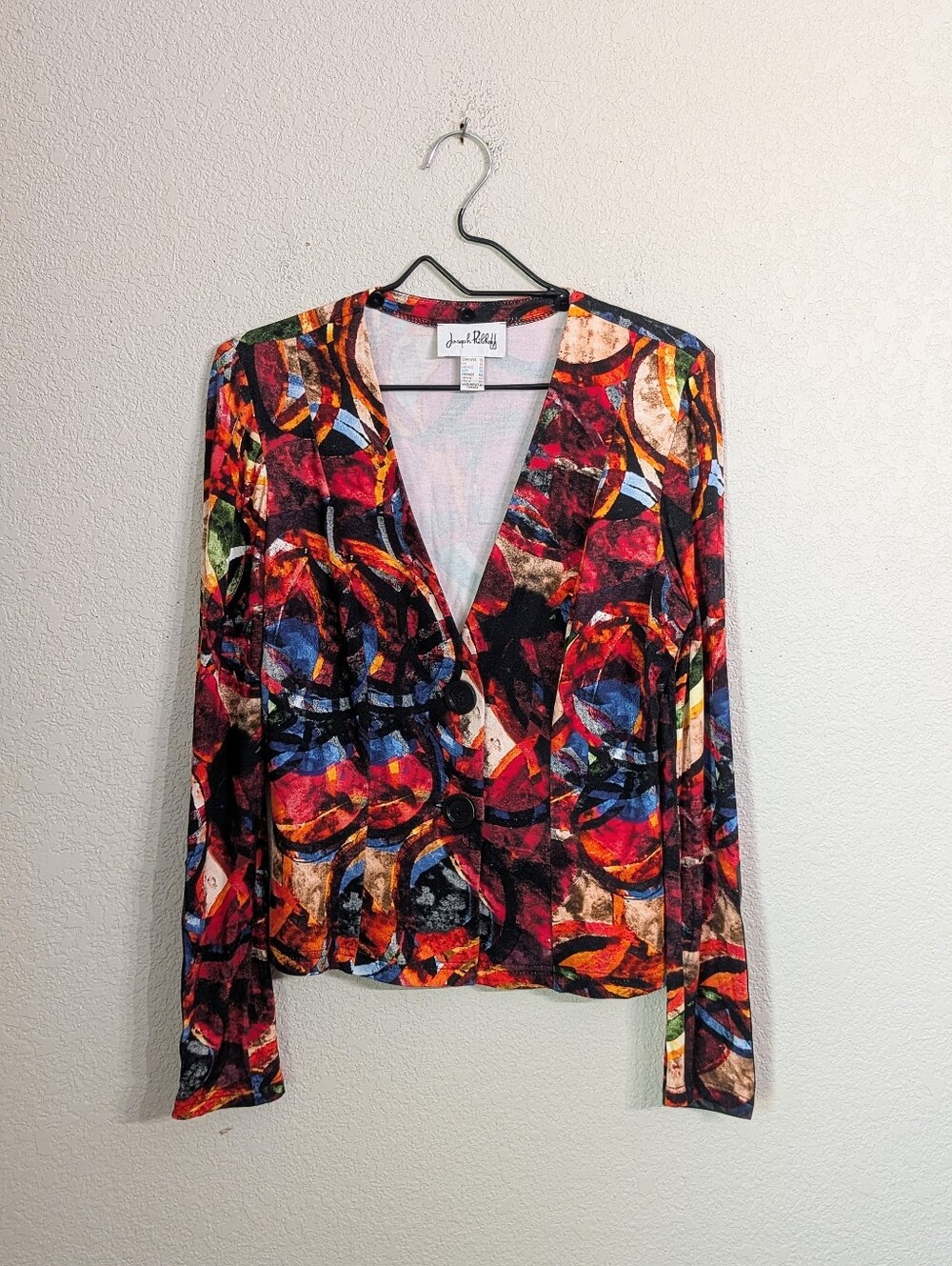 Joseph Ribkoff Multicolor Abstract Print Blazer Jacket Sz 10 Faux Leather Cuffs